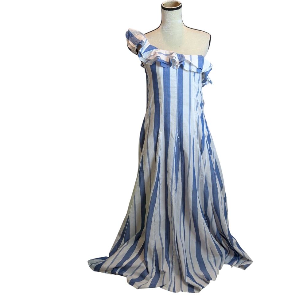 NWT Mille Resort Sz S Yvonne One Shoulder Maxi Dress Blue Stripe Travel Pockets